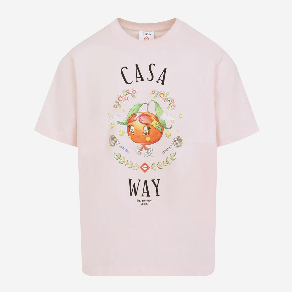 Pulóver Casablanca Casa Way rosa con estampado naranja y tenis, fondo blanco