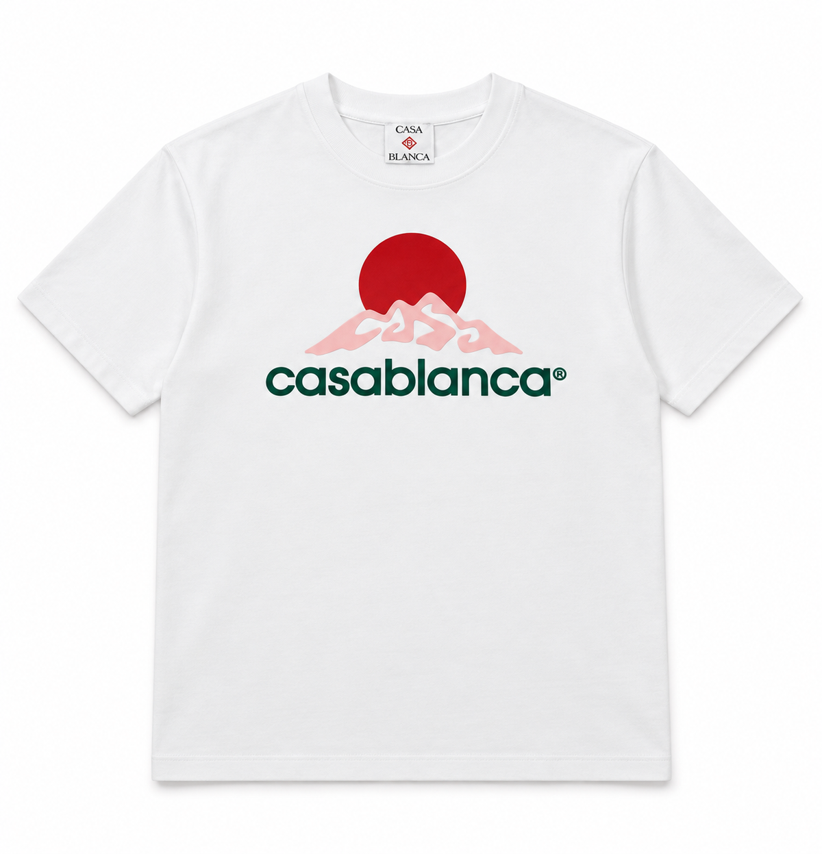 Pulóver Casablanca Montagne blanco con sol rojo y montaña rosa sobre fondo blanco