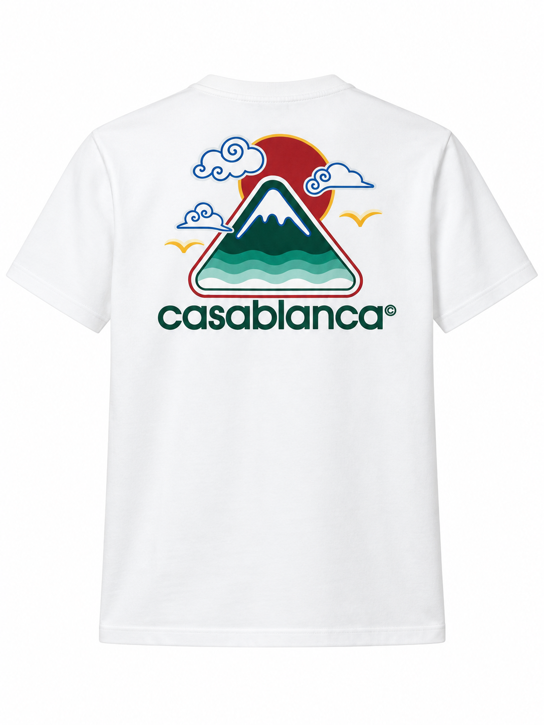 Vista trasera del pulóver Casablanca blanco con dibujo grande de montaña