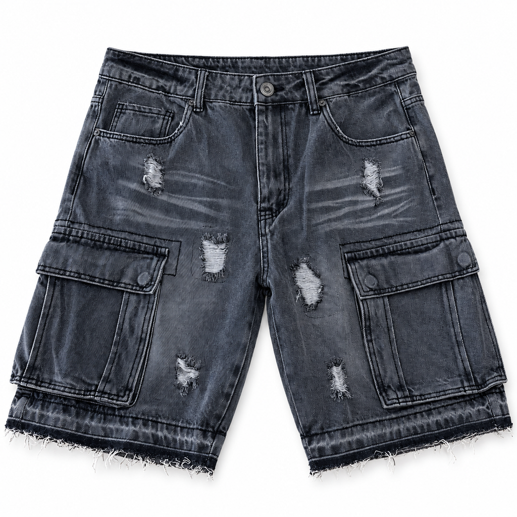 Gray denim cargo shorts — vista frontal