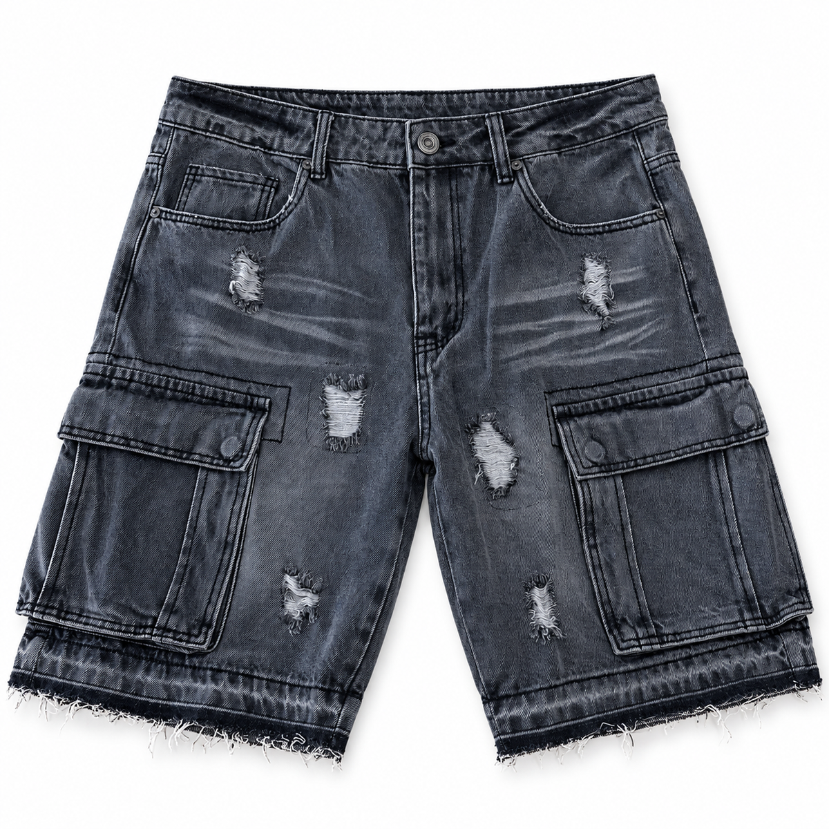 Gray denim cargo shorts — vista frontal