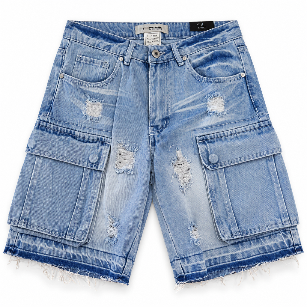 Short cargo denim azul claro — frente sobre fondo blanco