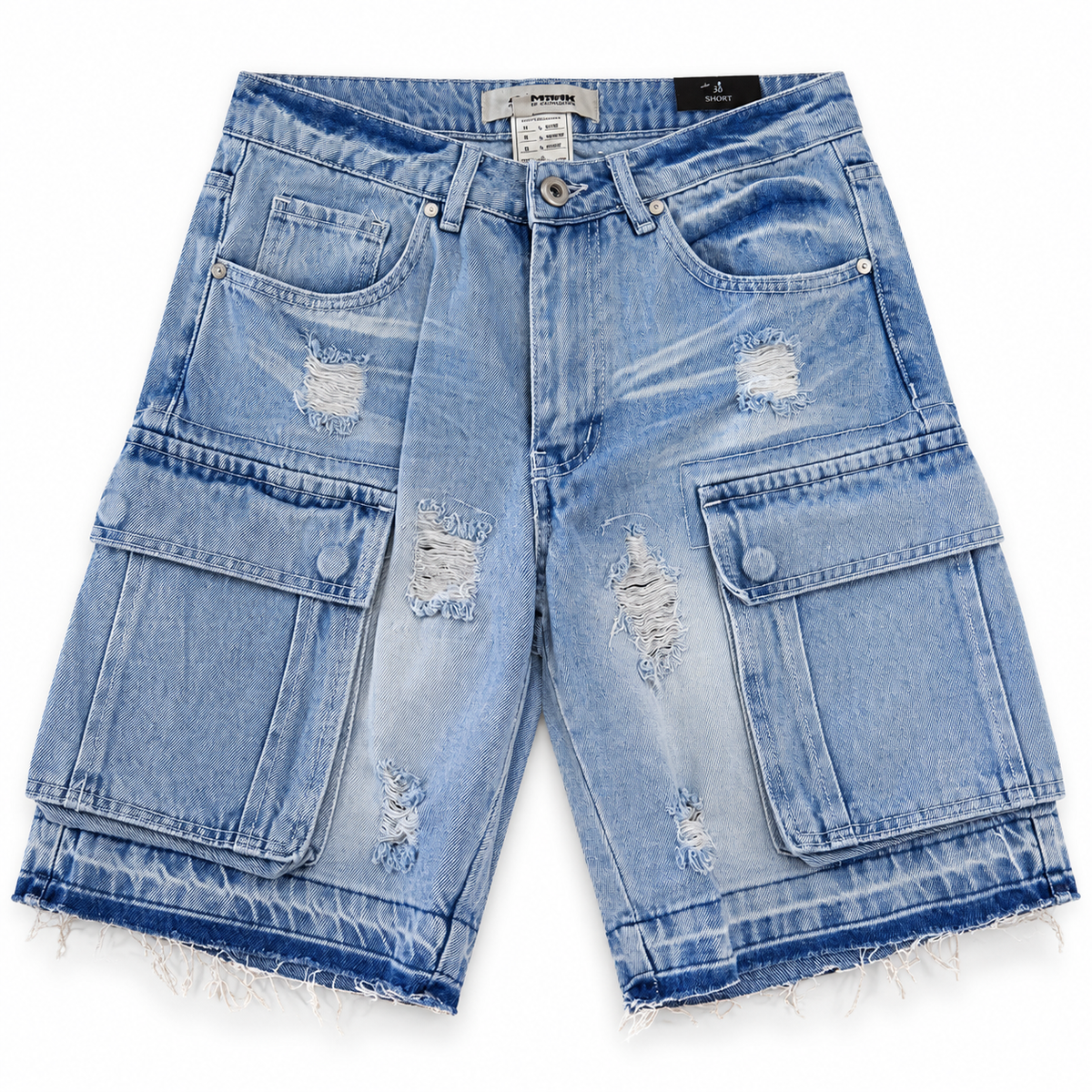Short cargo denim azul claro — frente sobre fondo blanco