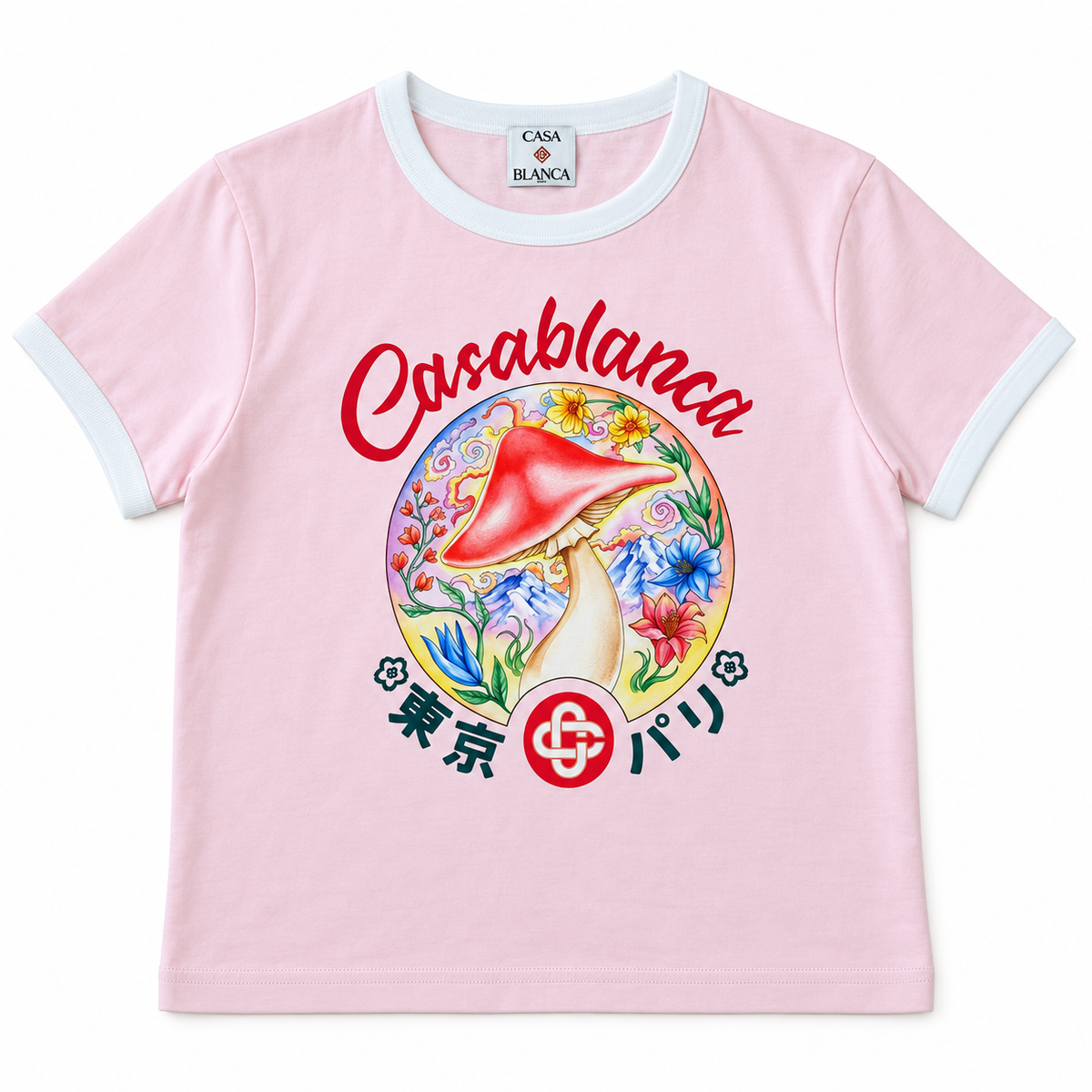 Camiseta Casablanca de mujer rosada con hongo floral sobre fondo blanco